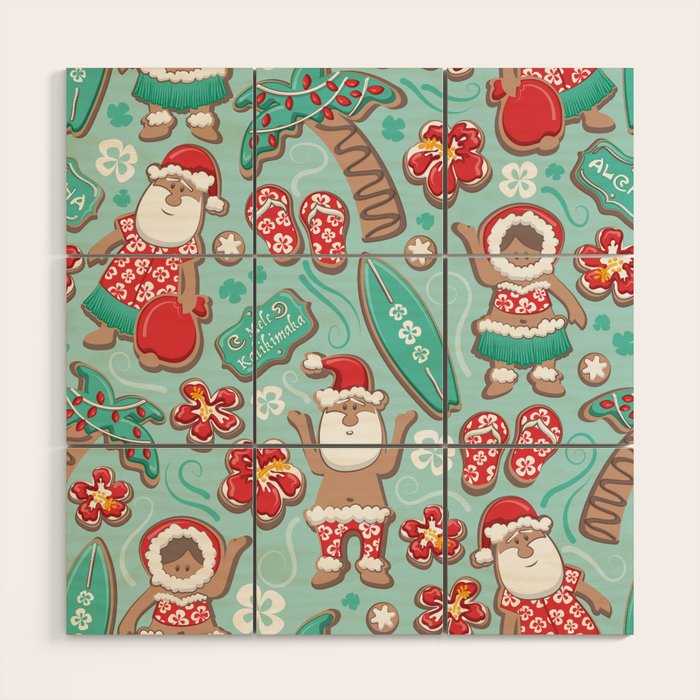 Mele Kalikimaka Hawaiian Christmas gingerbread cookies // aqua background Wood Wall Art Gallery Image 1
