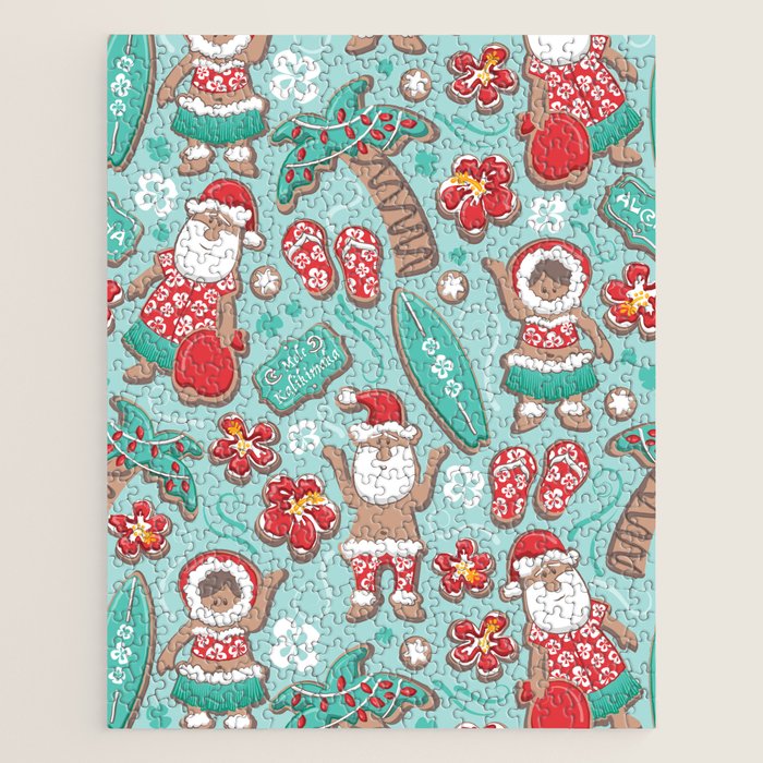Mele Kalikimaka Hawaiian Christmas gingerbread cookies // aqua background Jigsaw Puzzle Gallery Image 1