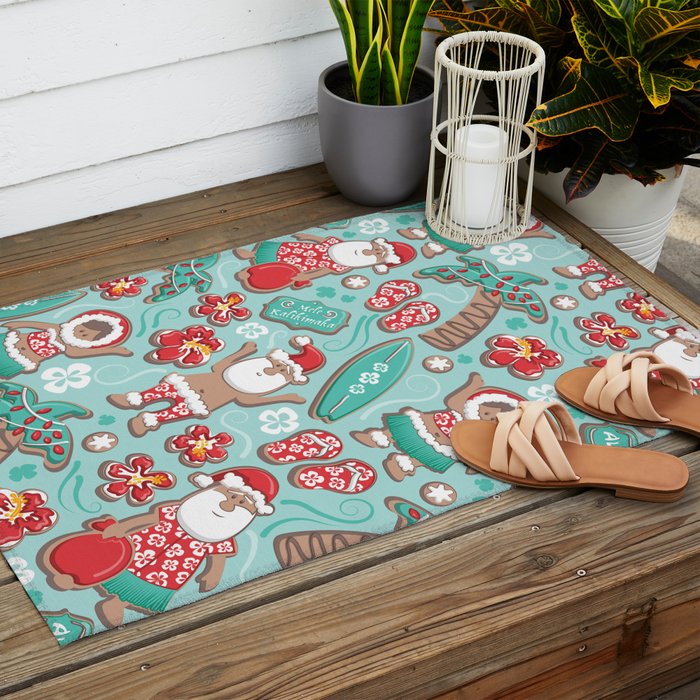 Mele Kalikimaka Hawaiian Christmas gingerbread cookies // aqua background Outdoor Rug Gallery Image 2