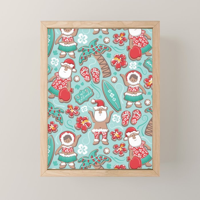 Mele Kalikimaka Hawaiian Christmas gingerbread cookies // aqua background Mini Art Print Gallery Image 1