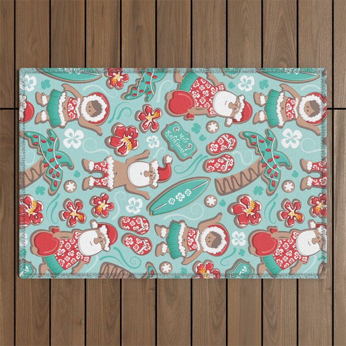 Mele Kalikimaka Hawaiian Christmas gingerbread cookies // aqua background Outdoor Rug Gallery Image 1