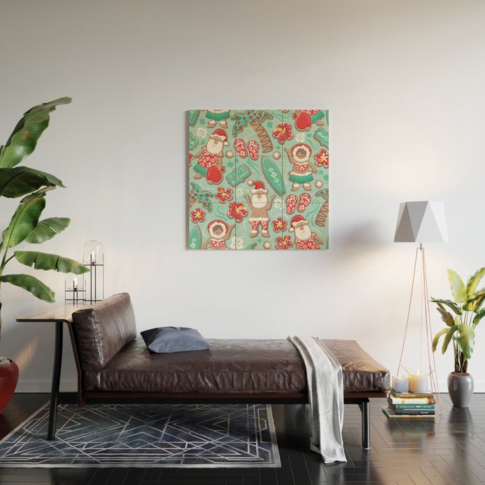 Mele Kalikimaka Hawaiian Christmas gingerbread cookies // aqua background Wood Wall Art Gallery Image 2