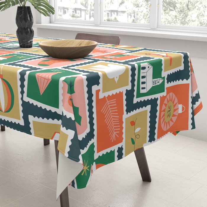 Vintage christmas postage stamp sticker pattern Tablecloth Gallery Image 3
