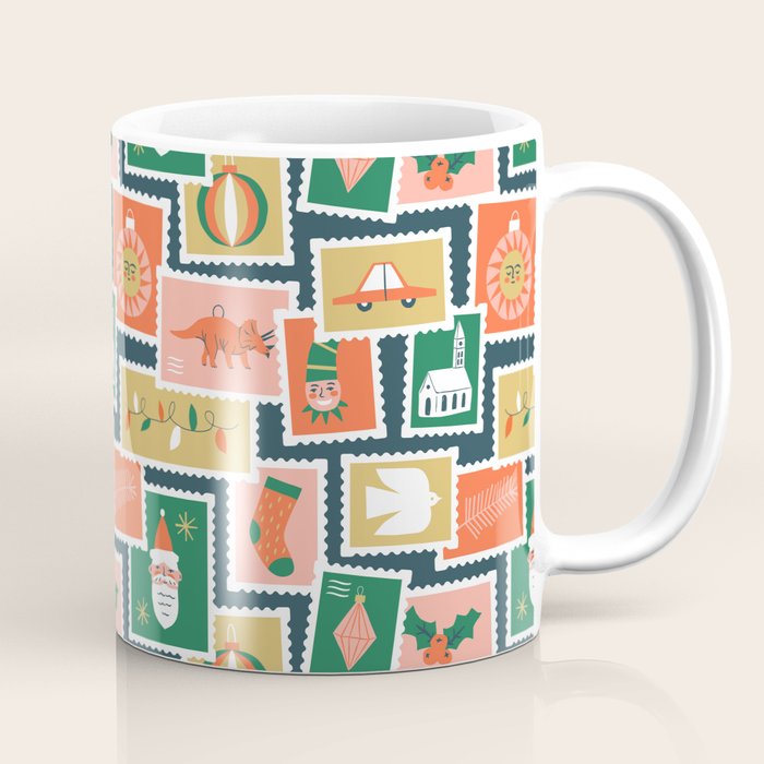Vintage christmas postage stamp sticker pattern Coffee Mug Gallery Image 1