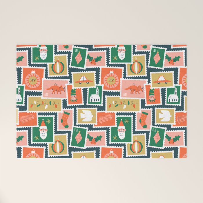 Vintage christmas postage stamp sticker pattern Welcome Mat Gallery Image 1