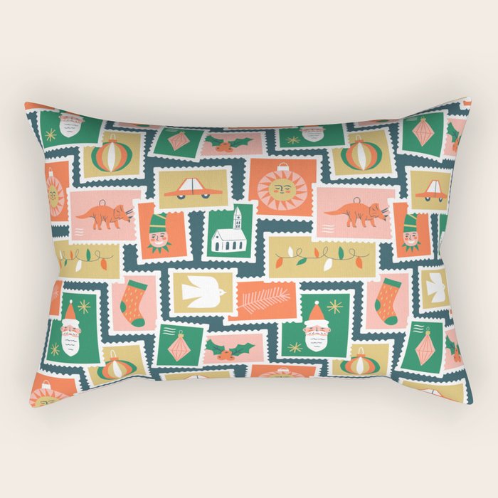 Vintage christmas postage stamp sticker pattern Rectangular Pillow Gallery Image 2