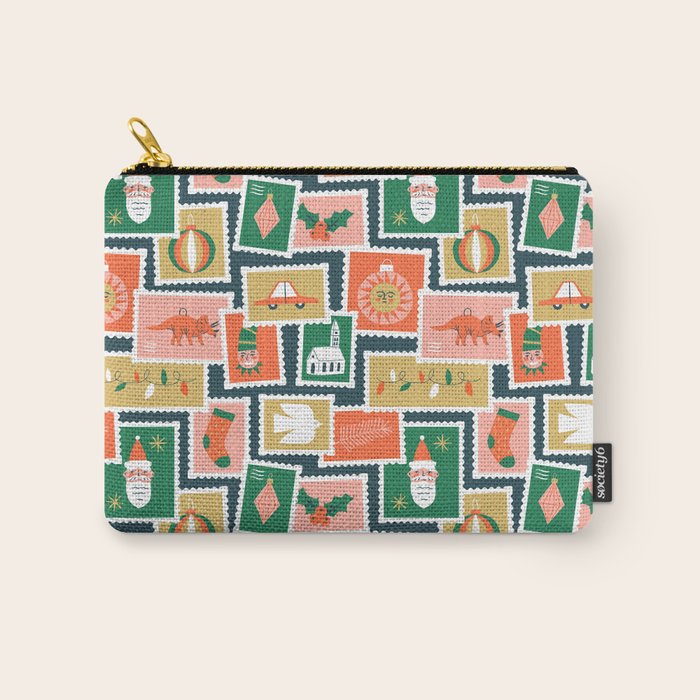 Vintage christmas postage stamp sticker pattern Carry All Pouch Gallery Image 1