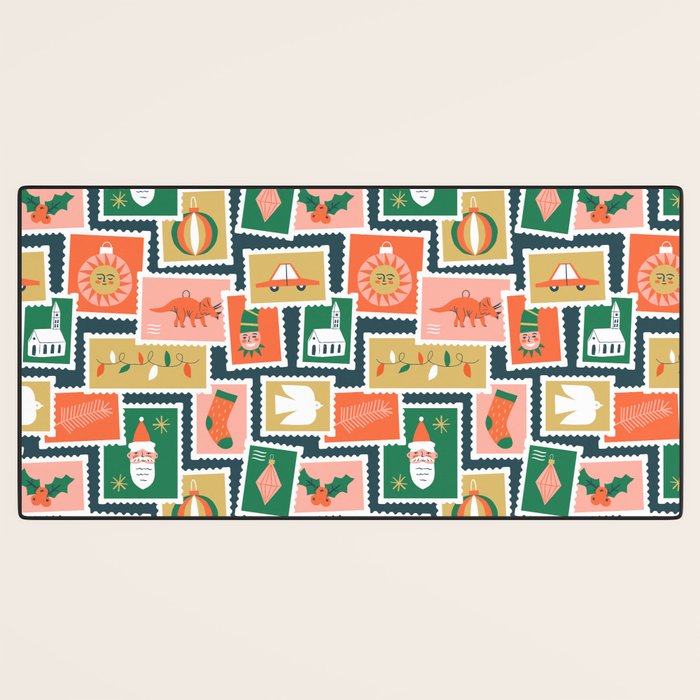 Vintage christmas postage stamp sticker pattern Desk Mat Gallery Image 3