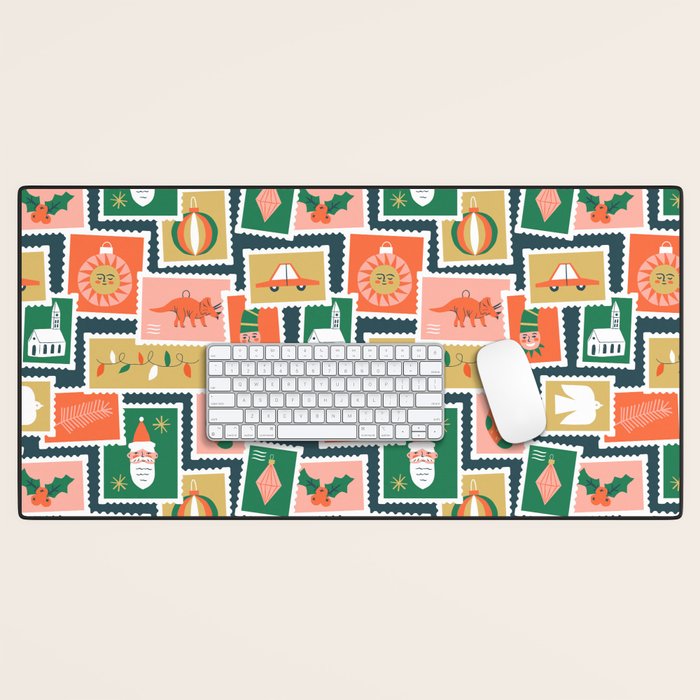 Vintage christmas postage stamp sticker pattern Desk Mat Gallery Image 1