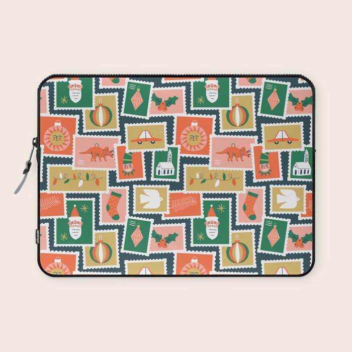 Vintage christmas postage stamp sticker pattern Laptop Sleeve Gallery Image 1