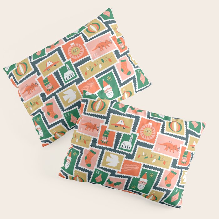 Vintage christmas postage stamp sticker pattern Pillow Sham Gallery Image 3