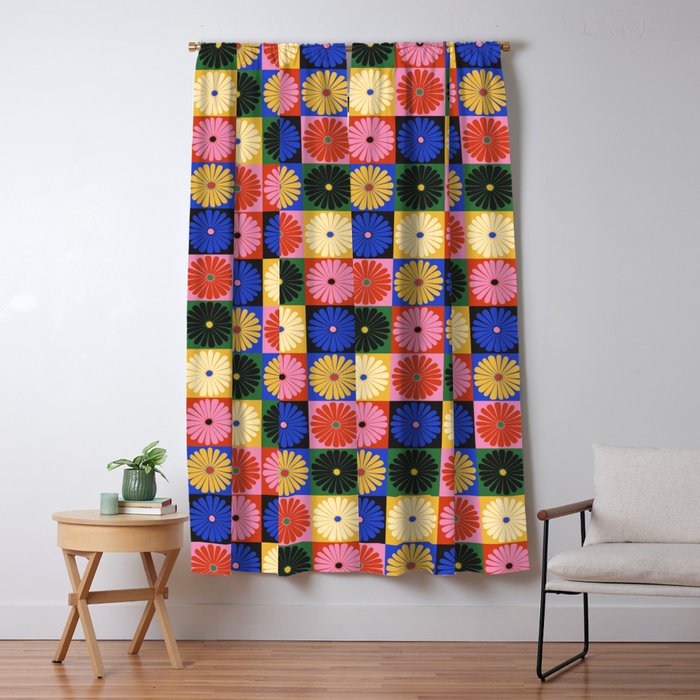 Retro Flowers Check Pattern XV Window Curtain Gallery Image 1