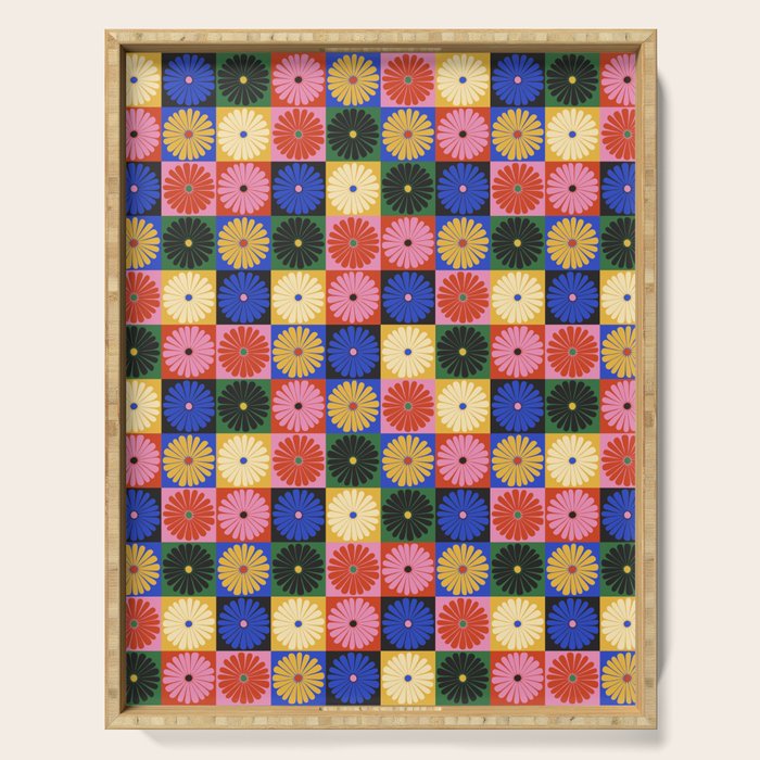 Retro Flowers Check Pattern XV Serving Tray Gallery Image 1