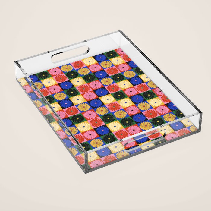 Retro Flowers Check Pattern XV Acrylic Tray Gallery Image 1