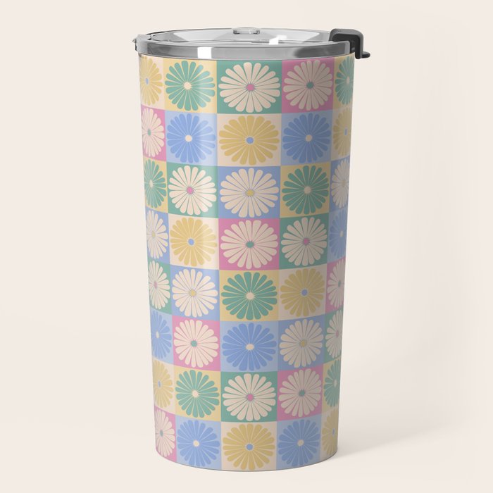 Retro Flowers Check Pattern XXIV Travel Mug Gallery Image 2