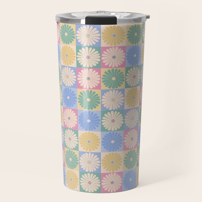 Retro Flowers Check Pattern XXIV Travel Mug Gallery Image 1