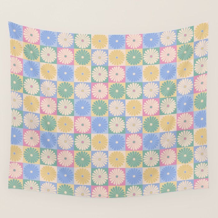 Retro Flowers Check Pattern XXIV Wall Tapestry Gallery Image 4