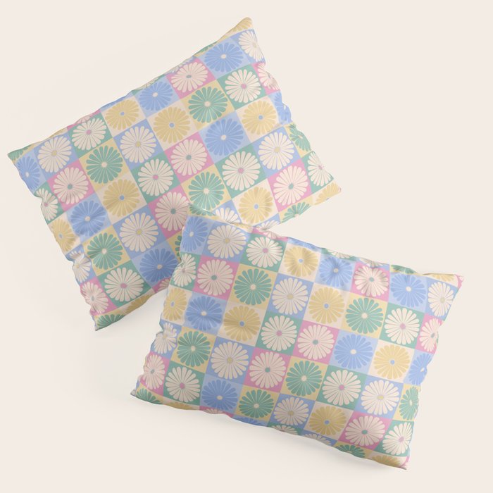 Retro Flowers Check Pattern XXIV Pillow Sham Gallery Image 1
