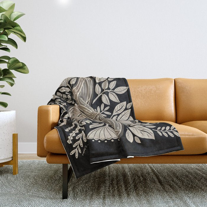 Moth Floral | Black & Brown Throw Blanket Gallery Image 1