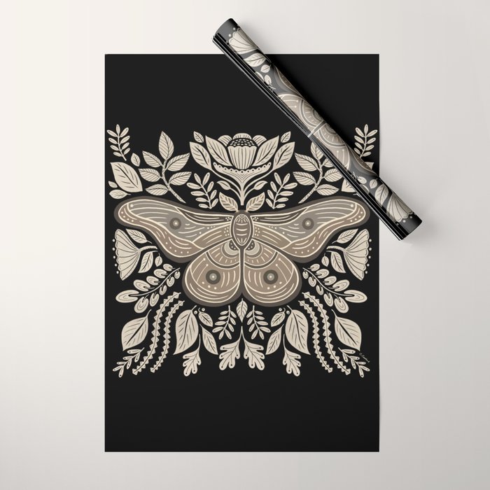 Moth Floral | Black & Brown Wrapping Paper Gallery Image 1