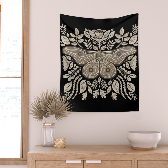 Moth Floral | Black & Brown Wall Tapestry Gallery Image 2