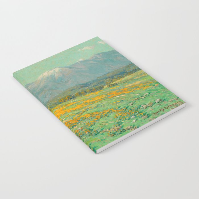 Granville Redmond snow cap spring landscape painting orange flowers green field Notebook Gallery Image 1