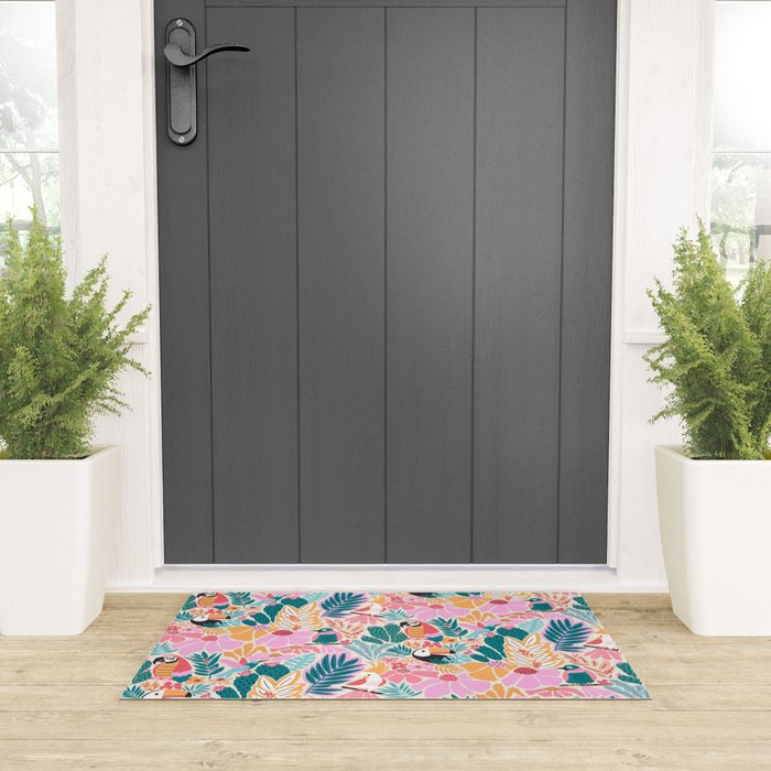 Joyful Jungle Birds In The Happy Pastel Tropics Welcome Mat Gallery Image 3
