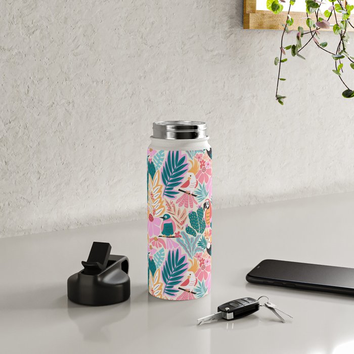 Joyful Jungle Birds In The Happy Pastel Tropics Water Bottle Gallery Image 4