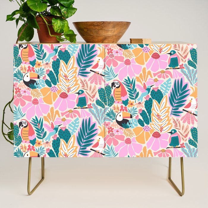 Joyful Jungle Birds In The Happy Pastel Tropics Credenza Gallery Image 1