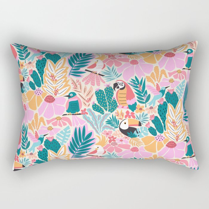 Joyful Jungle Birds In The Happy Pastel Tropics Rectangular Pillow Gallery Image 1