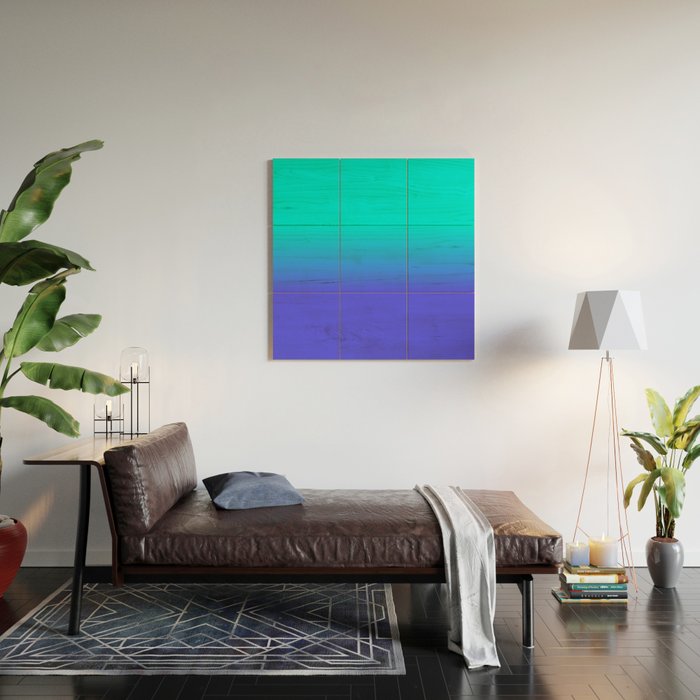 Neon Blue and Bright Neon Aqua Ombré Shade Color Fade Wood Wall Art Gallery Image 2