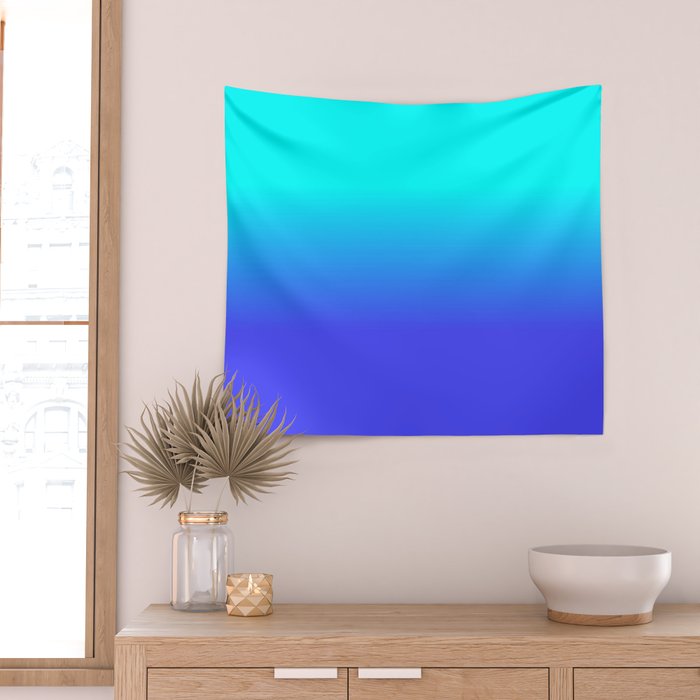 Neon Blue and Bright Neon Aqua Ombré Shade Color Fade Wall Tapestry Gallery Image 2