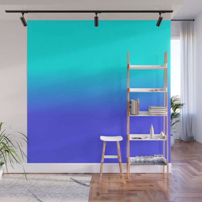 Neon Blue and Bright Neon Aqua Ombré Shade Color Fade Wall Mural Gallery Image 1