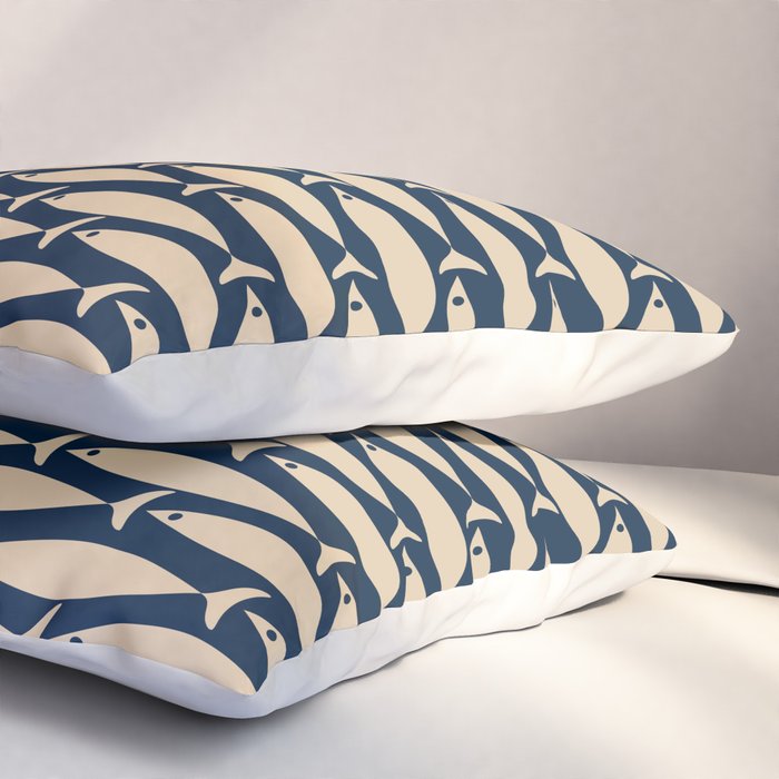 Mid Century Modern Fish Minimalist Pattern in Mid Mod Navy Blue and Beige Pillow Sham Gallery Image 3