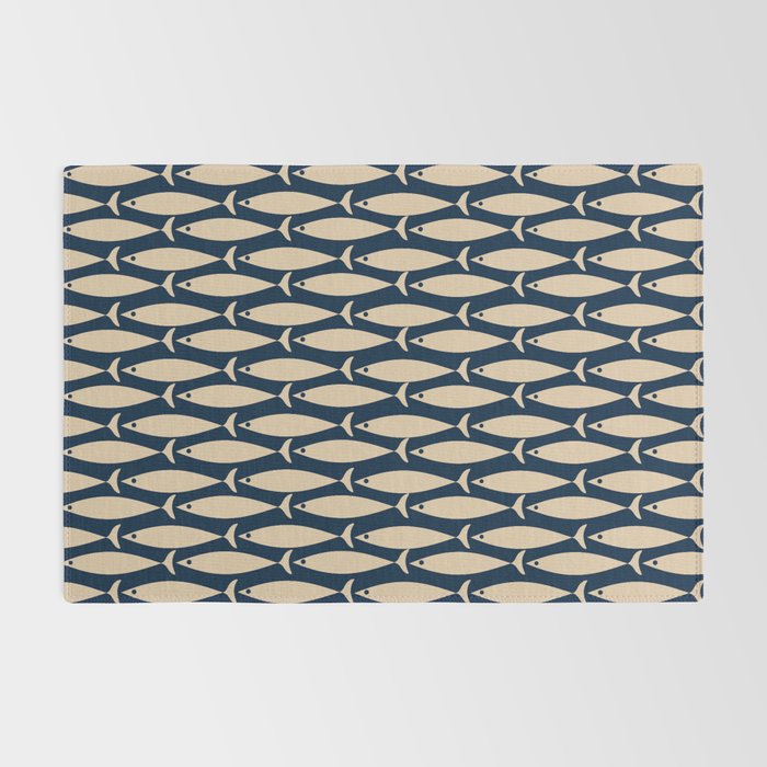 Mid Century Modern Fish Minimalist Pattern in Mid Mod Navy Blue and Beige Rug Gallery Image 2