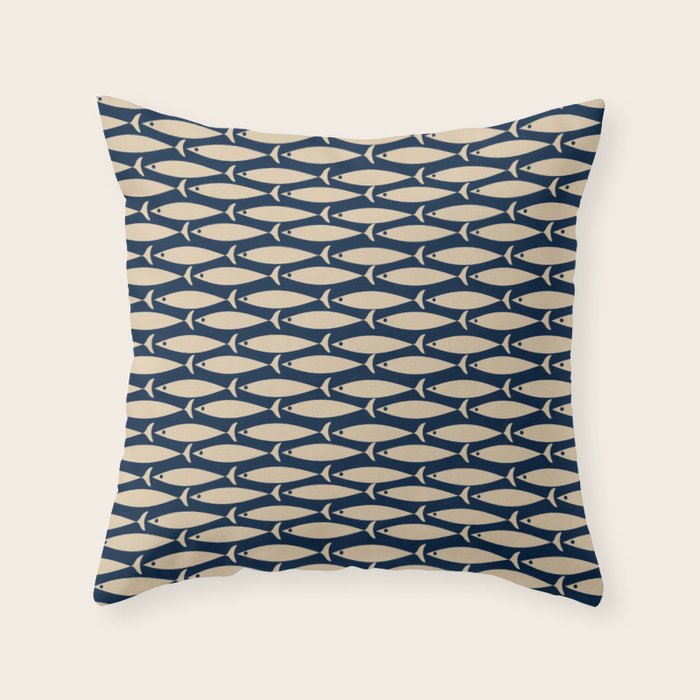 Mid Century Modern Fish Minimalist Pattern in Mid Mod Navy Blue and Beige Throw Pillow Gallery Image 6