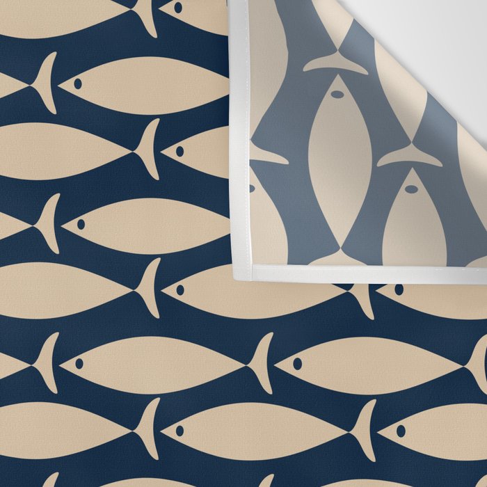 Mid Century Modern Fish Minimalist Pattern in Mid Mod Navy Blue and Beige Wall Tapestry Gallery Image 3