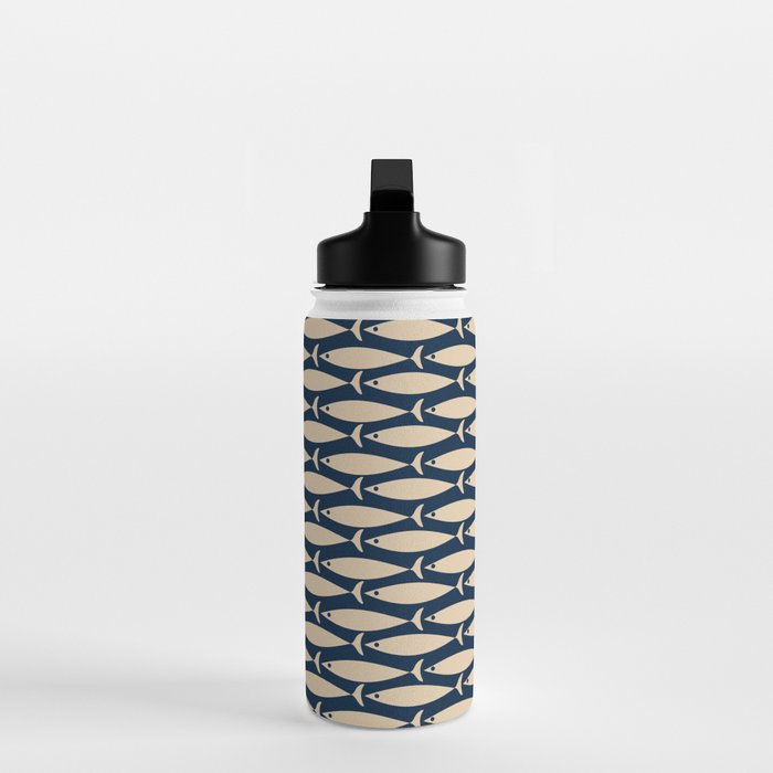 Mid Century Modern Fish Minimalist Pattern in Mid Mod Navy Blue and Beige Water Bottle Gallery Image 3