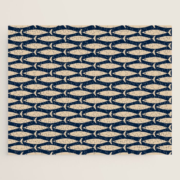 Mid Century Modern Fish Minimalist Pattern in Mid Mod Navy Blue and Beige Jigsaw Puzzle Gallery Image 1
