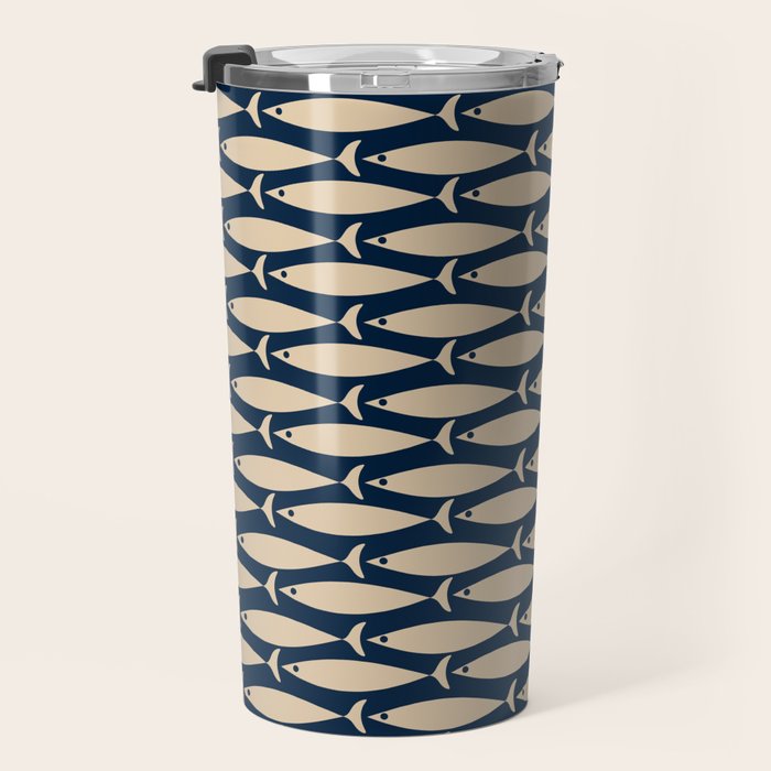 Mid Century Modern Fish Minimalist Pattern in Mid Mod Navy Blue and Beige Travel Mug Gallery Image 3