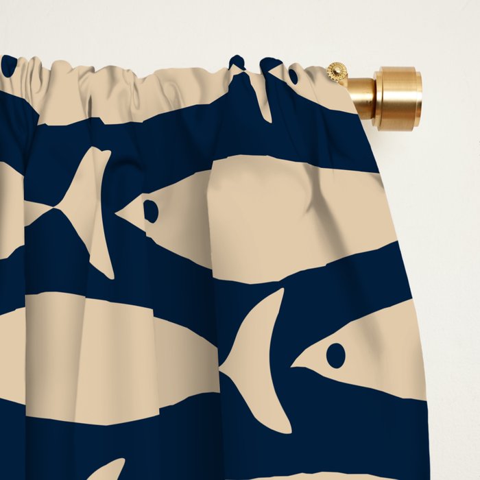 Mid Century Modern Fish Minimalist Pattern in Mid Mod Navy Blue and Beige Window Curtain Gallery Image 2