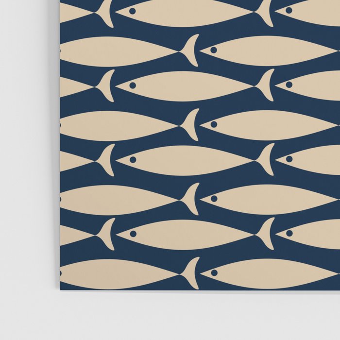 Mid Century Modern Fish Minimalist Pattern in Mid Mod Navy Blue and Beige Poster Gallery Image 3