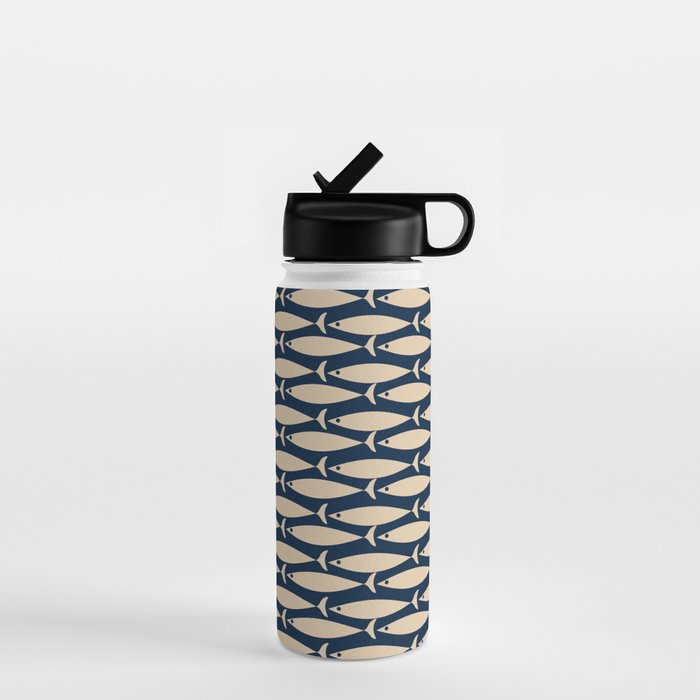 Mid Century Modern Fish Minimalist Pattern in Mid Mod Navy Blue and Beige Water Bottle Gallery Image 1