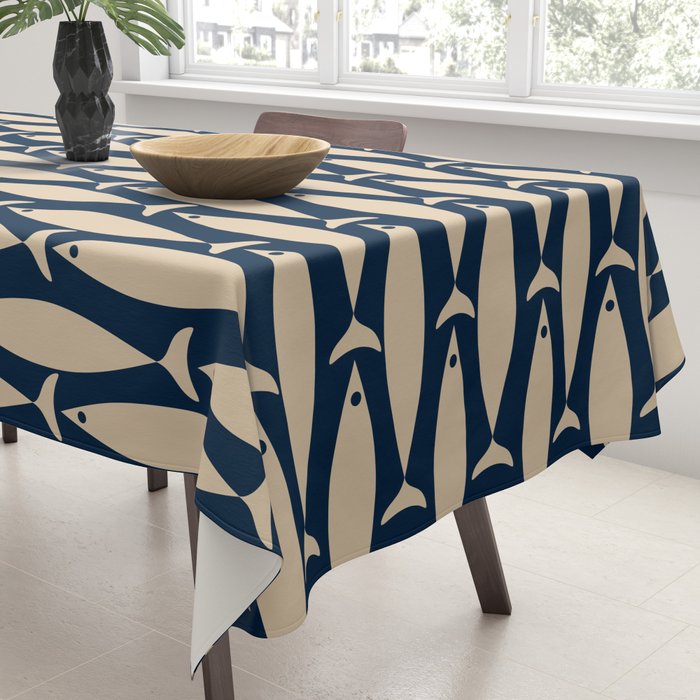 Mid Century Modern Fish Minimalist Pattern in Mid Mod Navy Blue and Beige Tablecloth Gallery Image 3