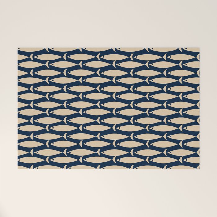 Mid Century Modern Fish Minimalist Pattern in Mid Mod Navy Blue and Beige Welcome Mat Gallery Image 1