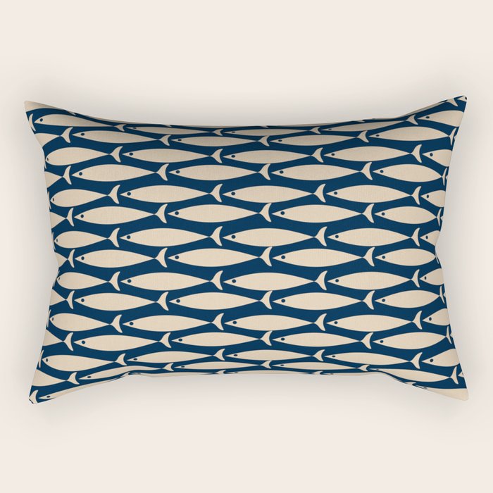 Mid Century Modern Fish Minimalist Pattern in Mid Mod Navy Blue and Beige Rectangular Pillow Gallery Image 1