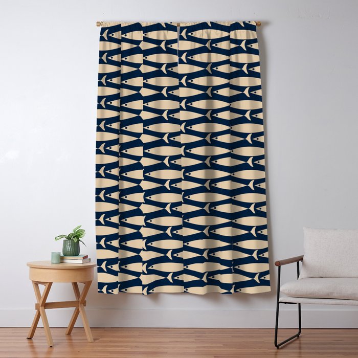 Mid Century Modern Fish Minimalist Pattern in Mid Mod Navy Blue and Beige Window Curtain Gallery Image 5