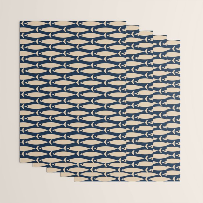 Mid Century Modern Fish Minimalist Pattern in Mid Mod Navy Blue and Beige Wrapping Paper Gallery Image 3
