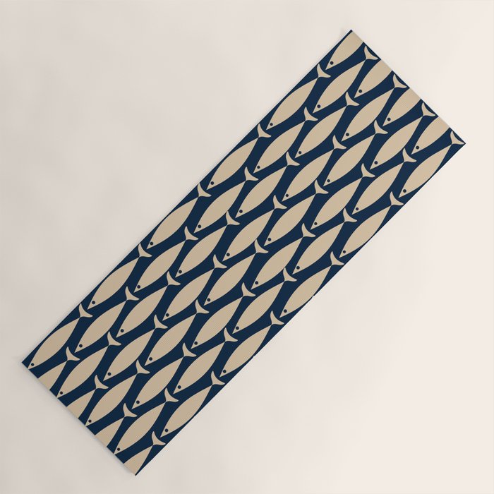 Mid Century Modern Fish Minimalist Pattern in Mid Mod Navy Blue and Beige Yoga Mat Gallery Image 1