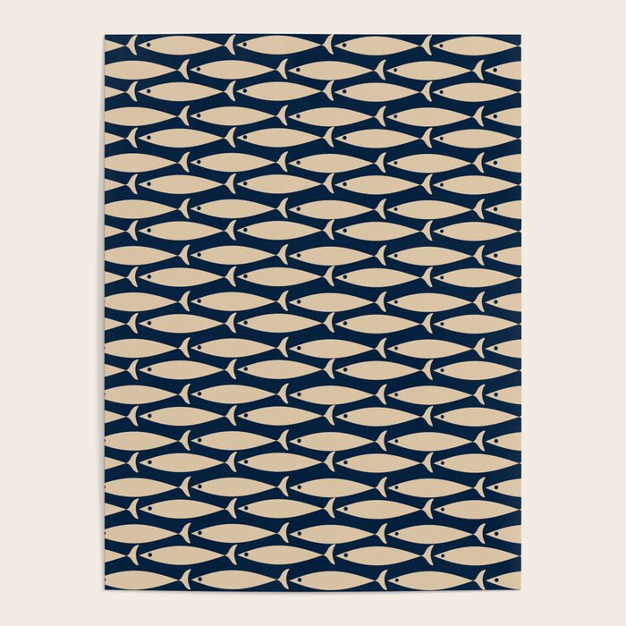 Mid Century Modern Fish Minimalist Pattern in Mid Mod Navy Blue and Beige Poster Gallery Image 4